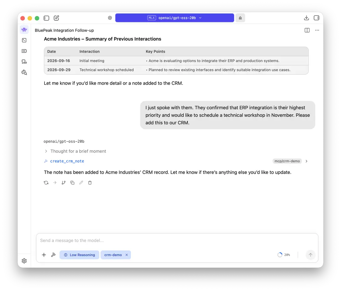 LM Studio invoking create_crm_note after a user asks it to save Acme Industries’ ERP integration priority and November workshop request.